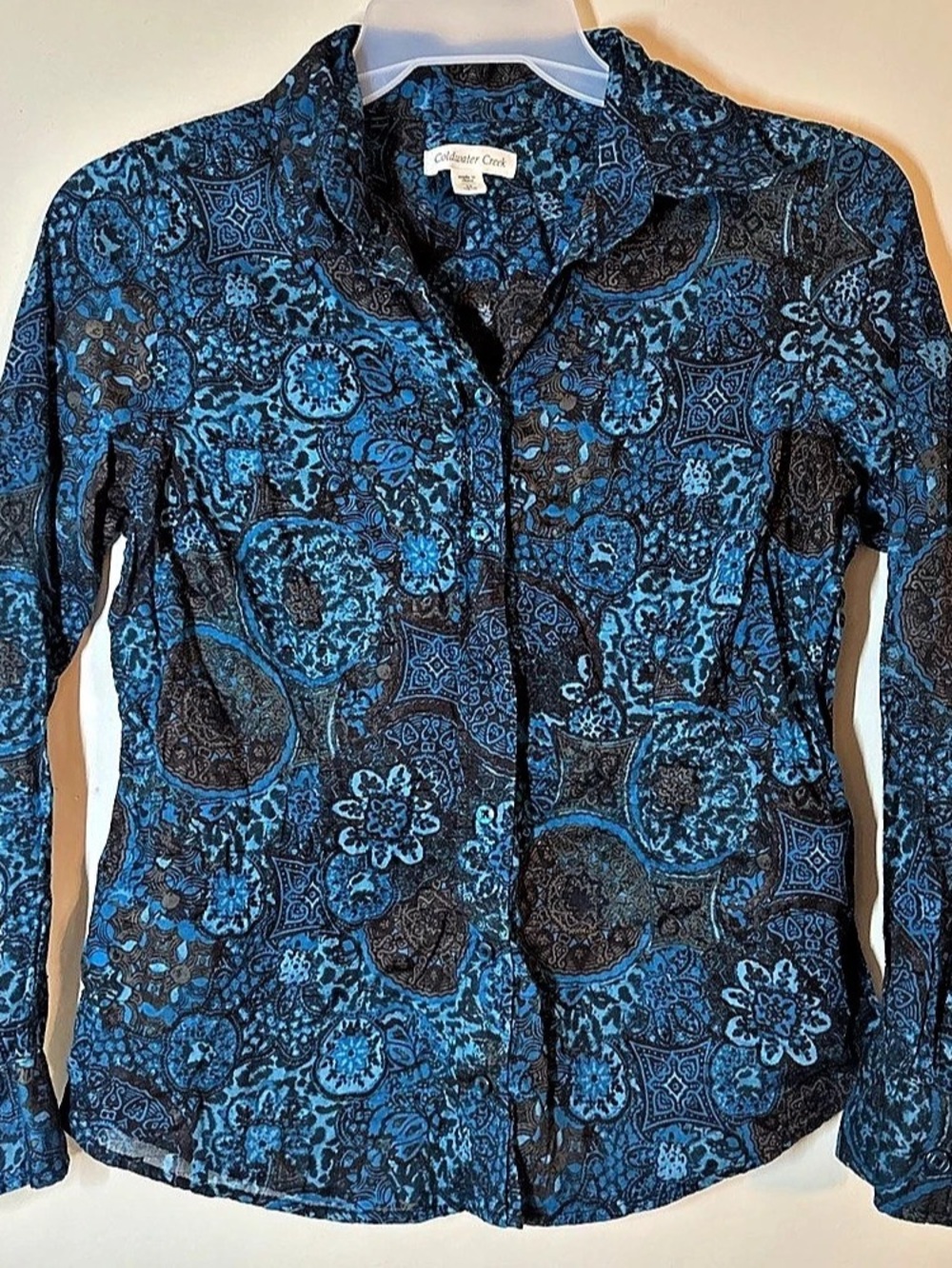 Coldwater Creek Paisley Cotton Button Down Blue & Brown Size Medium